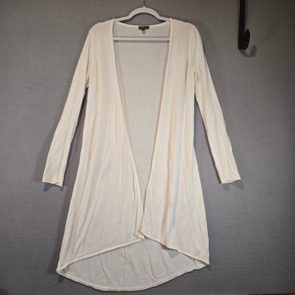 Express Womens Ivory Open Front High Low Long Sleeve Duster Cardigan Sweater M - Picture 4 of 8